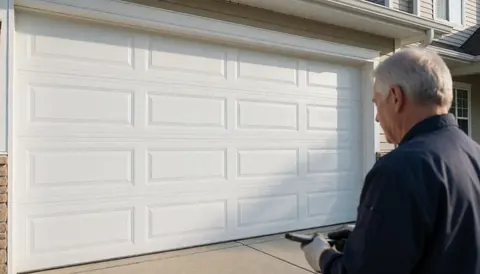 Un technicien installe une porte de garage sectionnelle blanche devant une maison résidentielle, équipé de ses outils sous la lumière du matin.