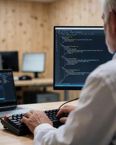 Un développeur adulte tape du code sur un clavier mécanique avec un écran affichant du code en premier plan dans un bureau aux murs en bois.