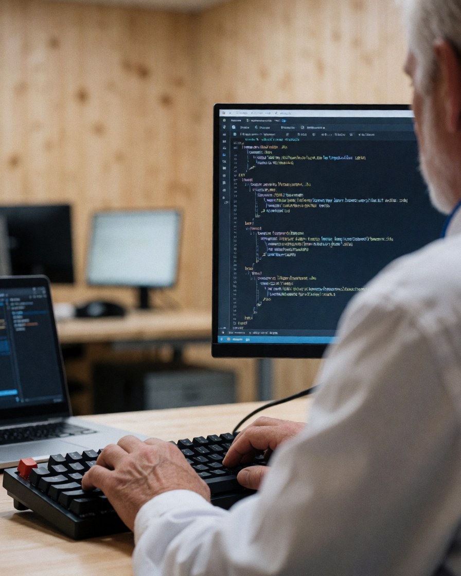 Un développeur adulte tape du code sur un clavier mécanique avec un écran affichant du code en premier plan dans un bureau aux murs en bois.