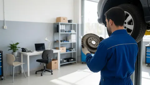 Mécanicien en uniforme bleu inspectant un disque de frein dans un atelier avec voiture sur élévateur et lumière naturelle