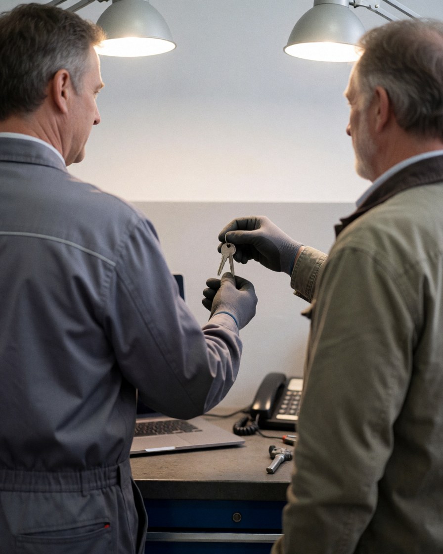 Mécanicien en gants remet les clés à un client dans un atelier bien éclairé avec outils et ordinateur.