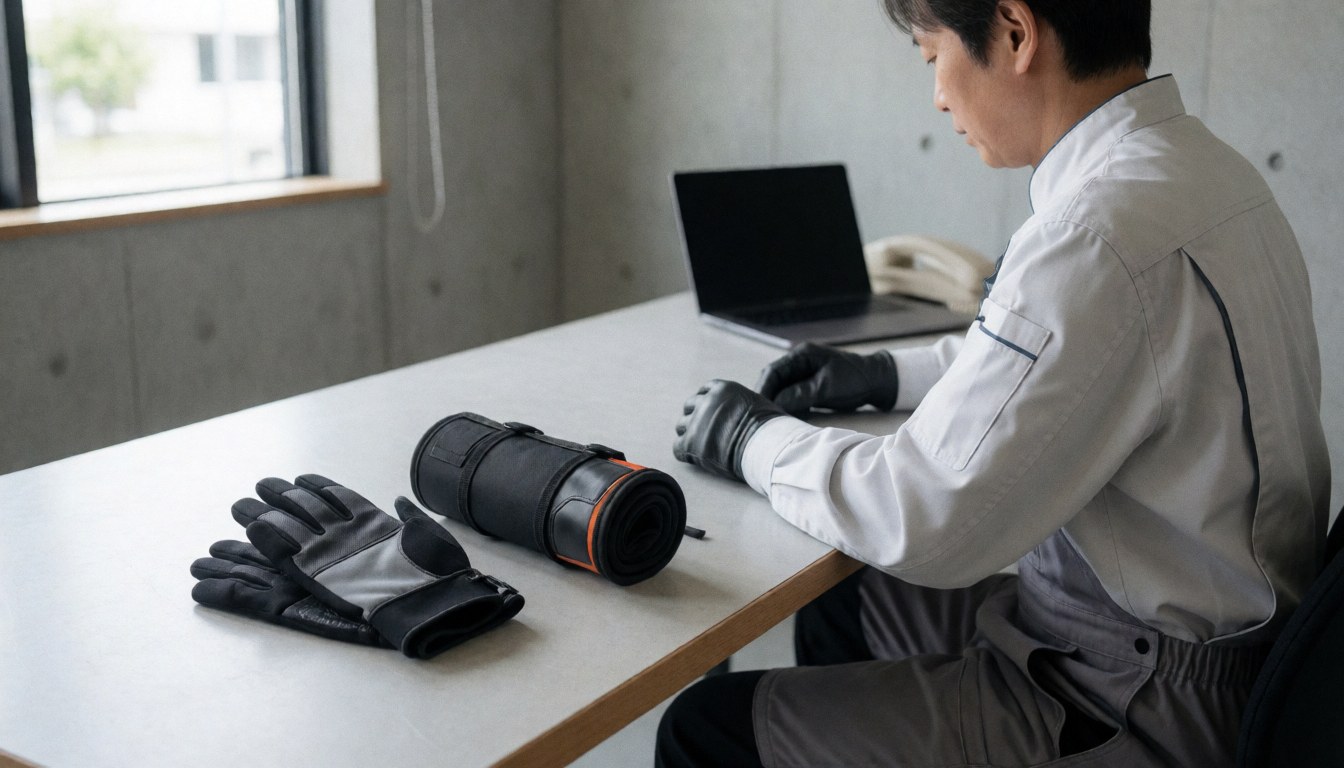 Gants de cyclisme et kit de réparation posés sur une table de travail dans un atelier de vélo avec mur en béton et lumière naturelle.