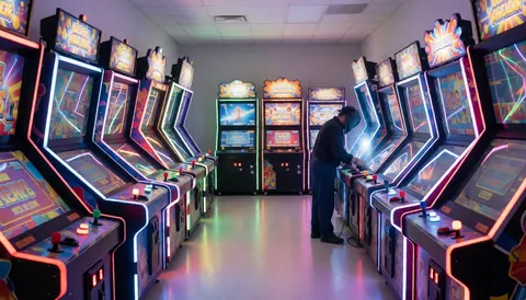 Employé utilisant des machines arcade dans un centre de loisirs avec des lumières néon et un sol réfléchissant.
