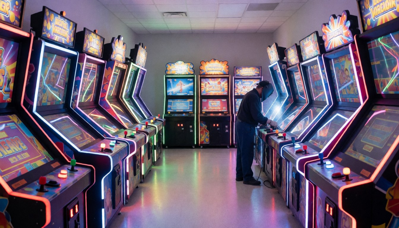 Employé utilisant des machines arcade dans un centre de loisirs avec des lumières néon et un sol réfléchissant.