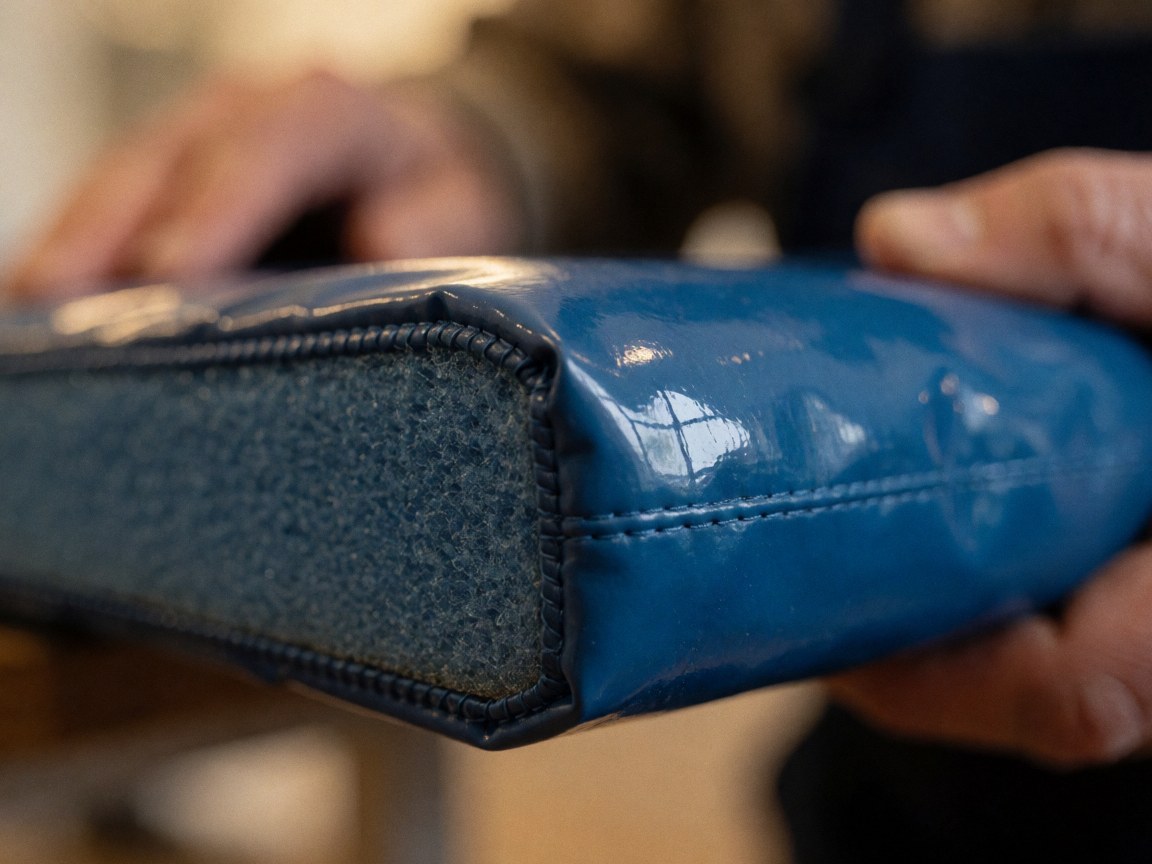 Gros plan sur le coin d'un tapis de gymnastique bleu montrant la texture de la mousse intérieure, les coutures et un reflet de fenêtre sur la surface.
