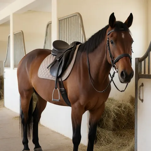Cheval marron équipé d'une selle et d'une bride, prêt à être monté, dans un couloir d'écurie avec de la paille et des murs clairs, adapté à un centre équestre.