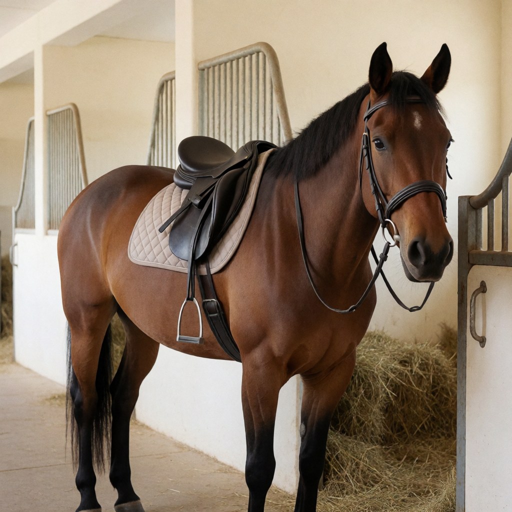 Cheval marron équipé d'une selle et d'une bride, prêt à être monté, dans un couloir d'écurie avec de la paille et des murs clairs, adapté à un centre équestre.