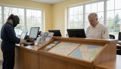 Intérieur d'un bureau de zoo avec des personnes travaillant au comptoir, des fenêtres et des murs jaunes clairs.