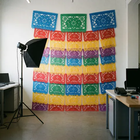 Fond de studio avec papier découpé traditionnel mexicain, éclairage professionnel et sol en béton, idéal pour des portraits culturels.