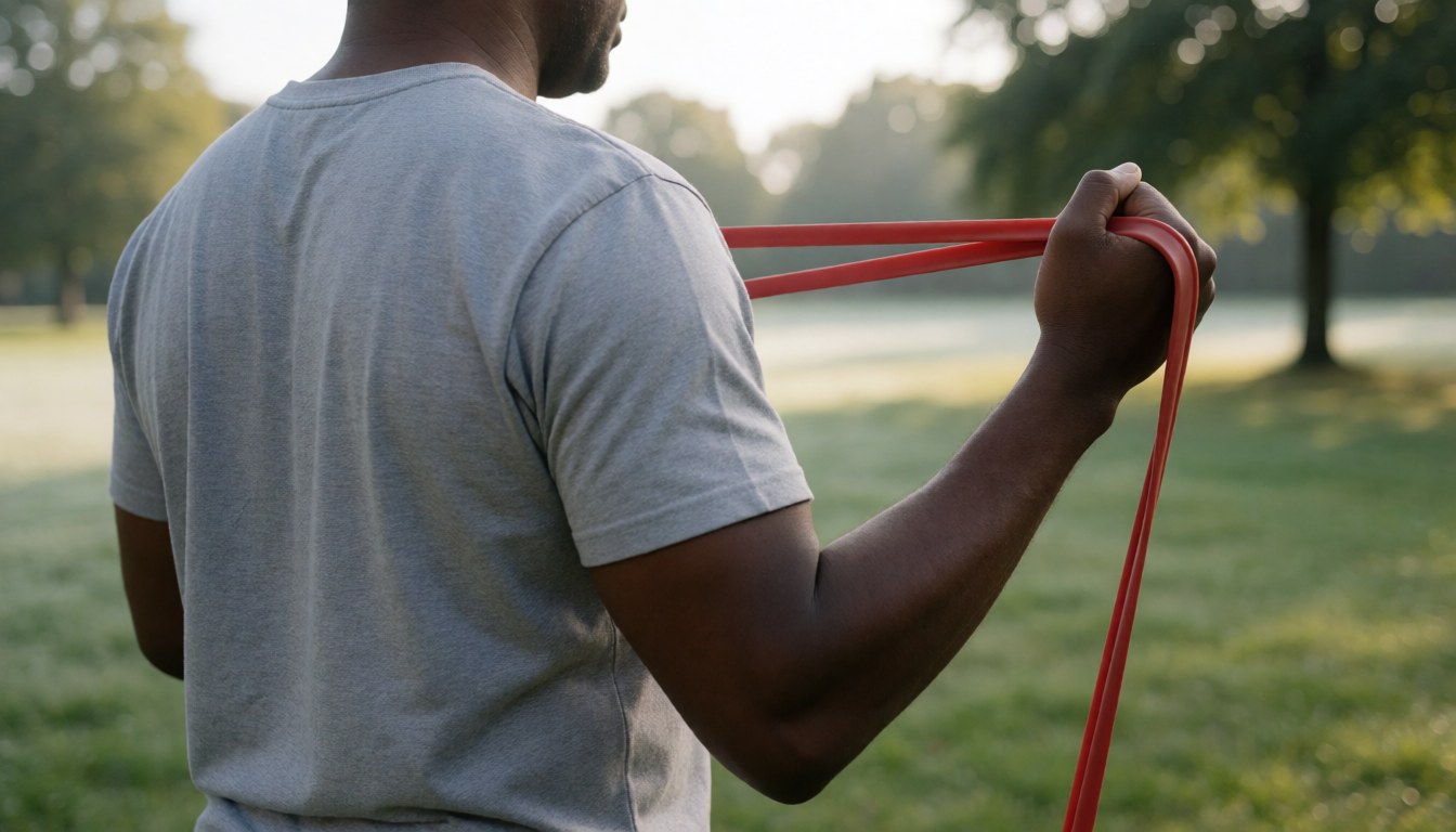 Un homme réalise un exercice de musculation en extérieur avec une bande de résistance rouge, illustrant le fitness et la forme physique.