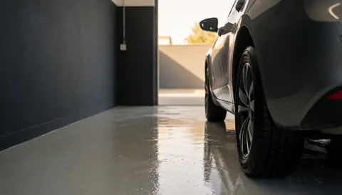 Voiture propre dans un lavage avec sol mouillé et murs gris foncé, éclairée par une lumière chaude de coucher de soleil.