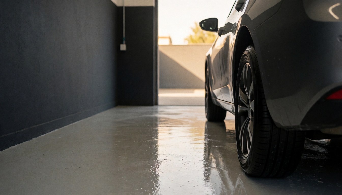 Voiture propre dans un lavage avec sol mouillé et murs gris foncé, éclairée par une lumière chaude de coucher de soleil.