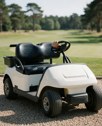 Vue rapprochée d'une main posée sur le volant d'un kart de golf blanc stationné sur une surface de gravier avec un green et des pins en arrière-plan.