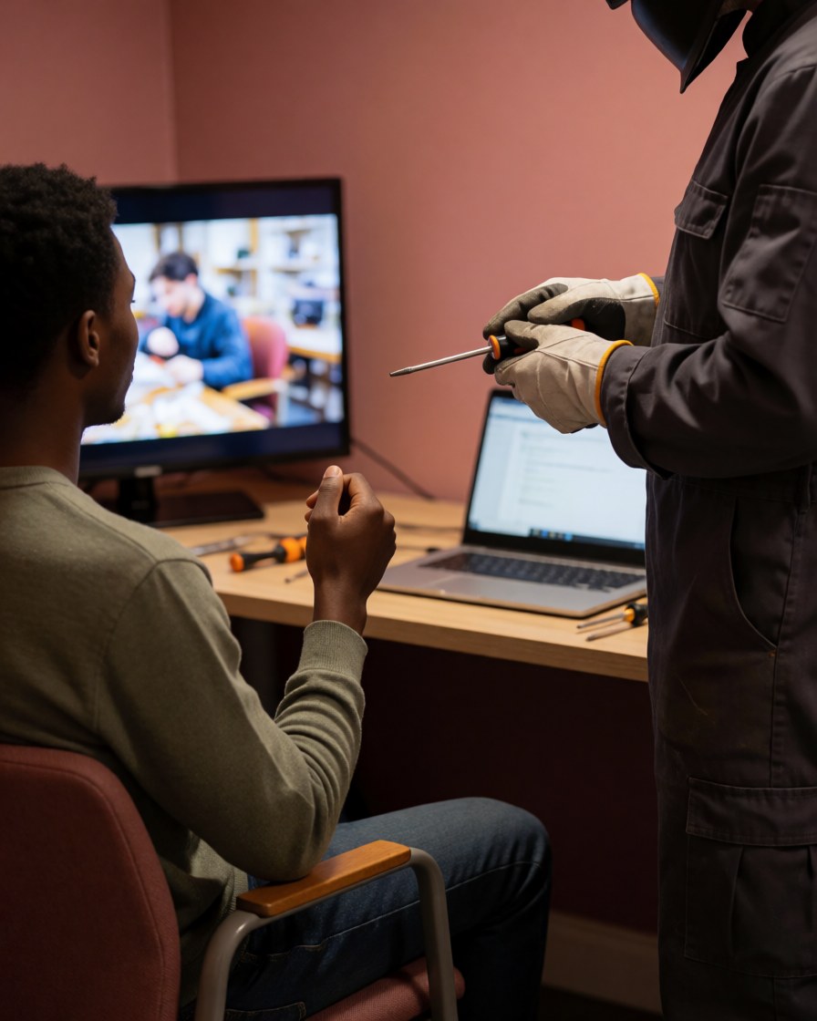 Un client heureux observe sa télévision allumée tandis qu'un technicien effectue une réparation avec un tournevis dans un intérieur.