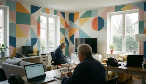Deux professionnels posent un papier peint à motifs géométriques dans une pièce moderne baignée de lumière naturelle.