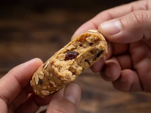 Main tenant une barre de protéines à l'avoine et aux raisins secs sur fond en bois sombre, idéale pour les entraîneurs de fitness.