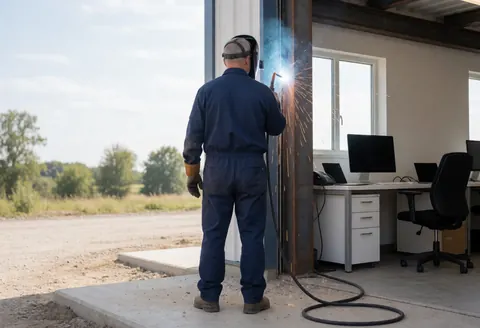 Soudeur industriel portant casque et gants, coupant une structure métallique au plasma dans un chantier avec bureau en arrière-plan
