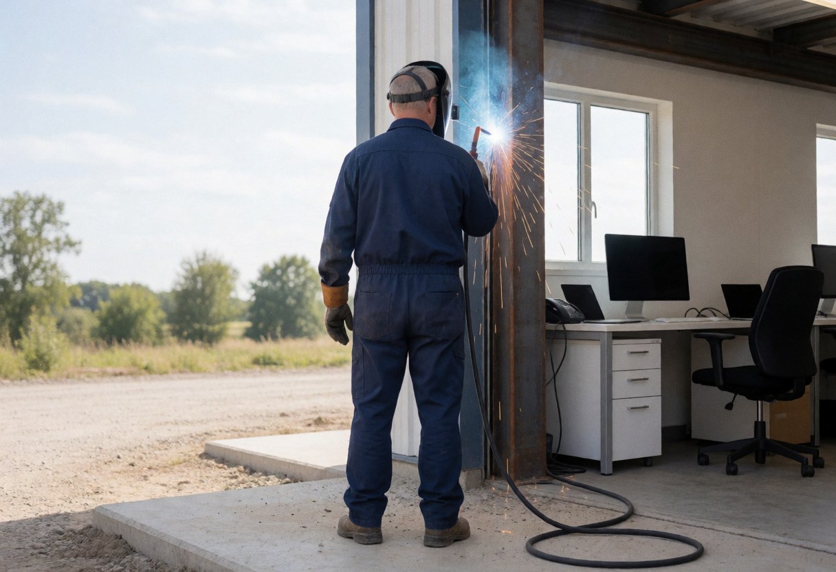 Soudeur industriel portant casque et gants, coupant une structure métallique au plasma dans un chantier avec bureau en arrière-plan