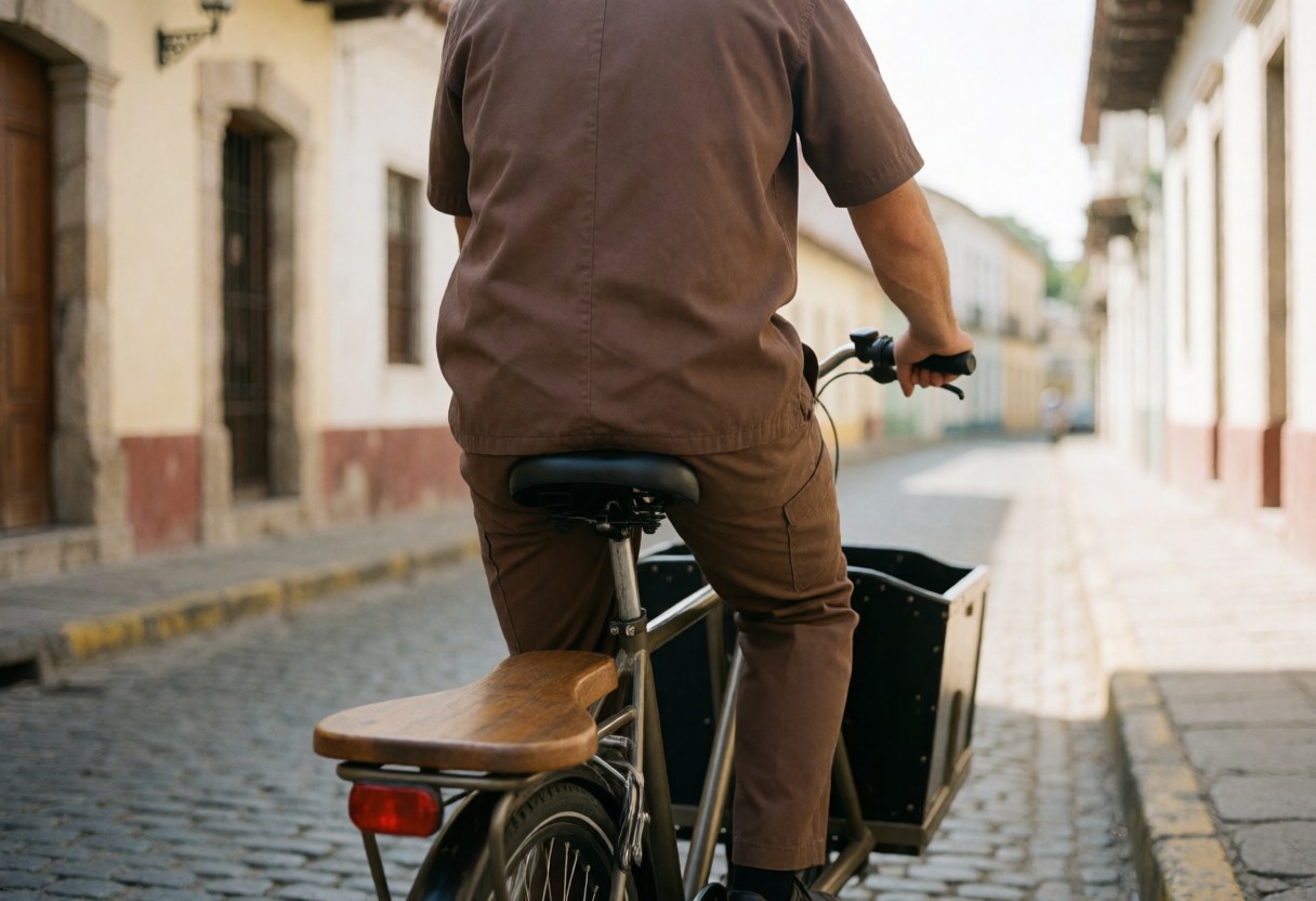 Cycliste portant un uniforme marron sur un vélo-taxi avec selle en bois et caisse arrière, circulant sur une rue pavée de style colonial.