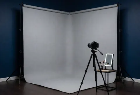 Appareil photo sur trépied avec miroir de maquillage et pinceaux sur une table, devant un fond gris dans un studio aux murs bleus.