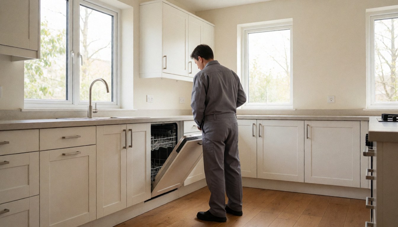 Un technicien en uniforme gris examine l'intérieur d'un lave-vaisselle dans une cuisine moderne avec armoires blanches et sol en bois.