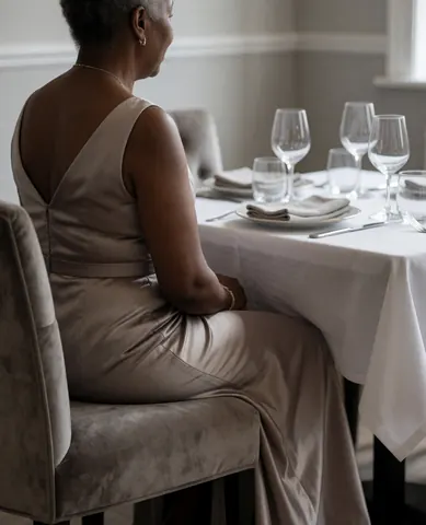 Une femme adulte en robe formelle est assise sur une chaise en velours, regardant une table élégante avec vaisselle et verres à vin dans un restaurant aux murs gris clair.