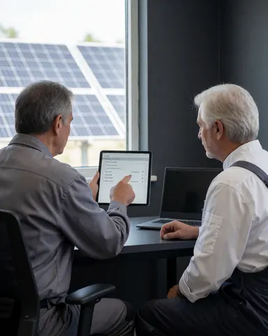 Un technicien explique une lecture sur une tablette à un client, avec des panneaux solaires visibles, des murs gris et une table de travail.