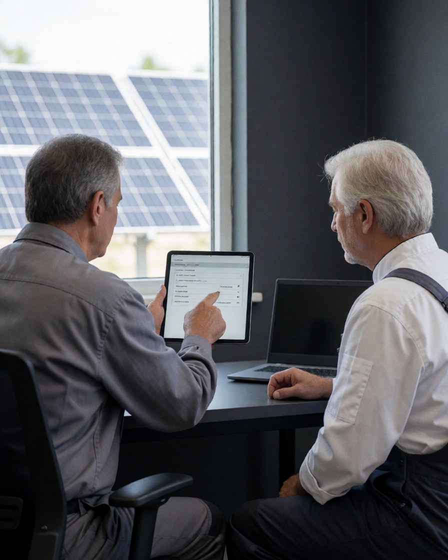 Un technicien explique une lecture sur une tablette à un client, avec des panneaux solaires visibles, des murs gris et une table de travail.