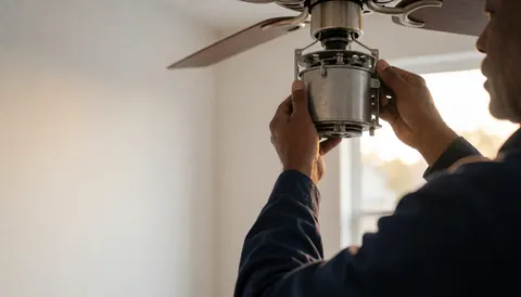 Un technicien en train d'installer un moteur de ventilateur sur un plafond, avec un mur blanc en arrière-plan et une lumière naturelle, illustrant un service de réparation de ventilateurs.