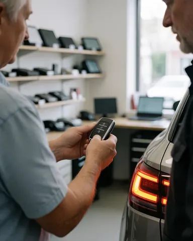 Une cliente teste une clé de voiture dans un magasin d'accessoires automobiles, la lumière du feu arrière s'allume, étagères de produits en arrière-plan.