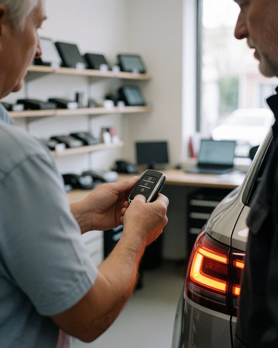 Une cliente teste une clé de voiture dans un magasin d'accessoires automobiles, la lumière du feu arrière s'allume, étagères de produits en arrière-plan.