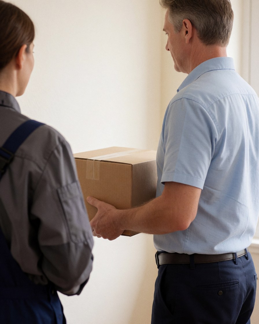 Un livreur en uniforme remet un paquet à un client devant une maison, illustrant le service de logistique de la dernière mile.