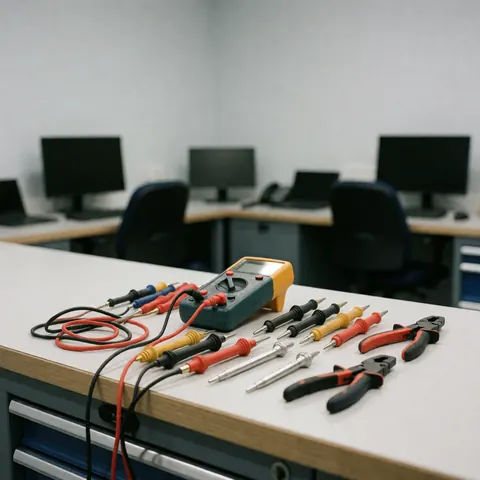 Un multimètre avec ses câbles et pinces posés sur une table de travail dans un atelier professionnel, avec des ordinateurs en arrière-plan.