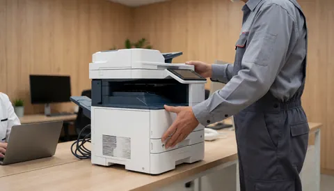 Un technicien en uniforme pose une imprimante multifonction blanche sur un bureau en bois clair dans un bureau moderne éclairé doucement.
