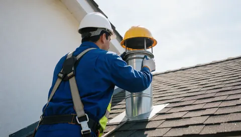 Un technicien en chauffage pose une hotte métallique sur une cheminée de toit, équipé d'un casque et d'une ceinture de sécurité, sous un soleil éclatant.