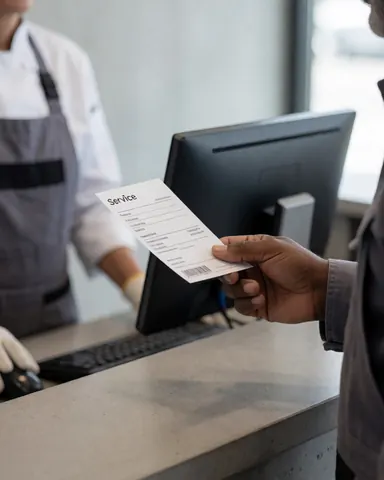 Une cliente souriante reçoit un ticket de service à un comptoir de réparation, avec un technicien en tablier et un ordinateur en arrière-plan.