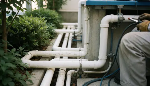 Des tuyaux PVC sous une piscine, un professionnel avec un gant travaille sur la connexion, végétation autour, scène réaliste d'installation de piscines.
