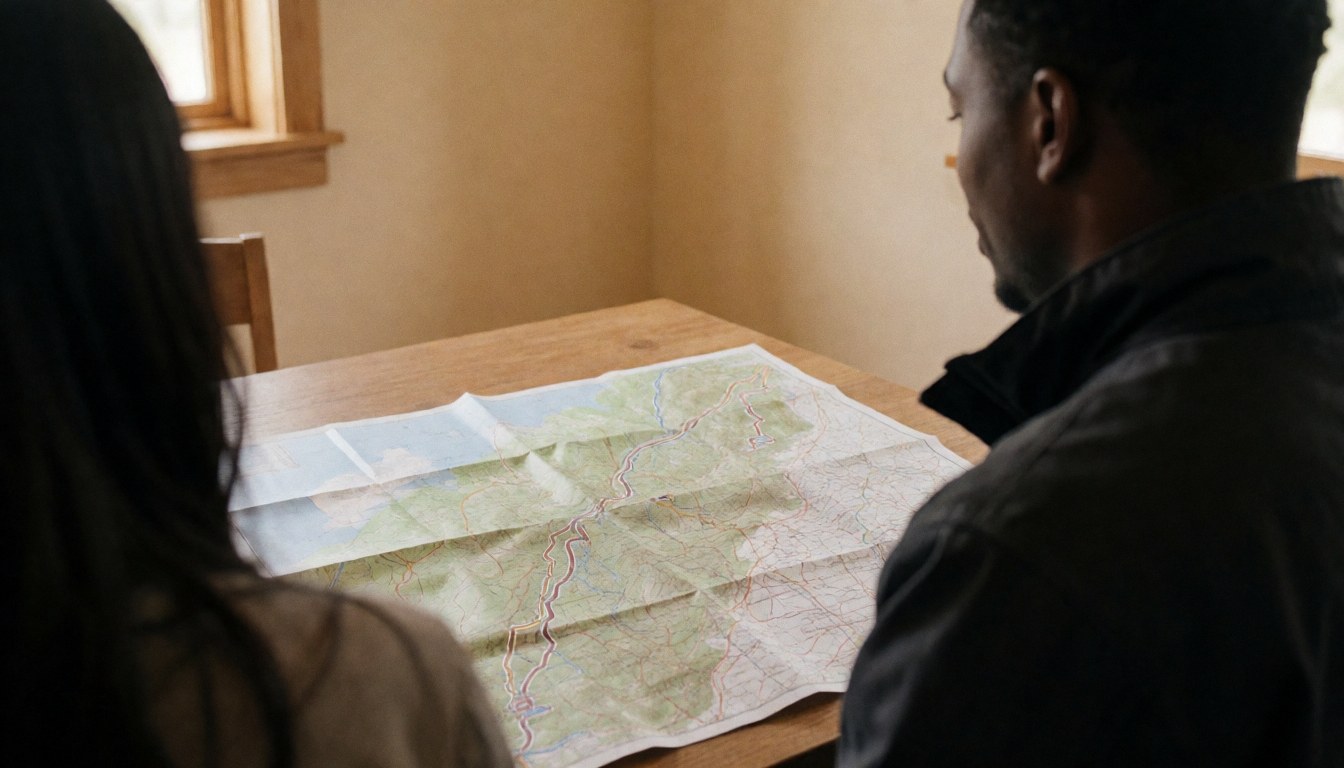 Deux individus examinent une carte topographique posée sur une table en bois dans une pièce aux murs beige, évoquant un refuge de montagne.