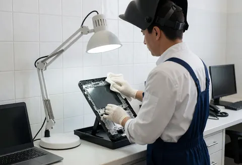 Un technicien portant un masque de soudage et des gants nettoie une console démontée sous l'éclairage d'un atelier de réparation.