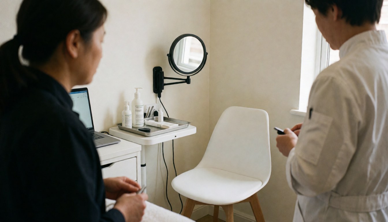 Un professionnel tient un miroir grossissant dans un salon de piercing avec une chaise blanche, des produits de soin et des murs blancs chauds.
