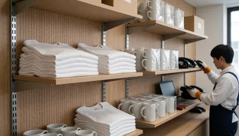 Étagère métallique contenant des t-shirts et des mugs blancs, avec une personne travaillant en arrière-plan, pour un service d'impression textile.