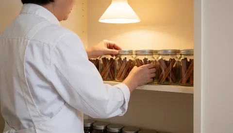 Un professionnel de la médecine traditionnelle range des pots de cannelle sur une étagère, dans un placard ordonné avec une lumière chaude.