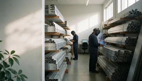 Deux travailleurs dans un entrepôt d'aluminium, l'un avec un casque de soudure et l'autre avec une tablette, sous lumière naturelle, montrant un inventaire ordonné de profilés métalliques.