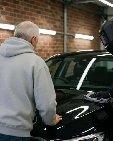 Un client examine attentivement le capot brillant d'une voiture noire dans un atelier de lavage avec un mur en briques et des éclairages LED.