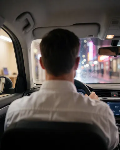 Vue intérieure d'un véhicule montrant les mains du conducteur sur le volant, éclairé par des lumières néon colorées dans la ville la nuit pour les services de transport.