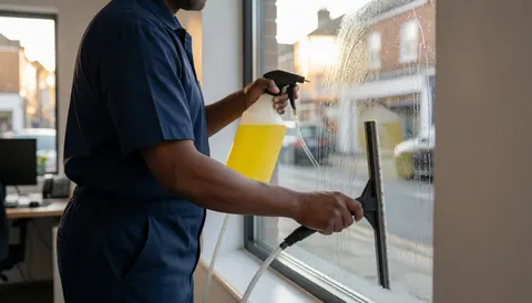 Nettoyeur professionnel en uniforme bleu applique un liquide jaune sur une vitre avec une raclette, sous la lumière du soleil avec des reflets de rue.