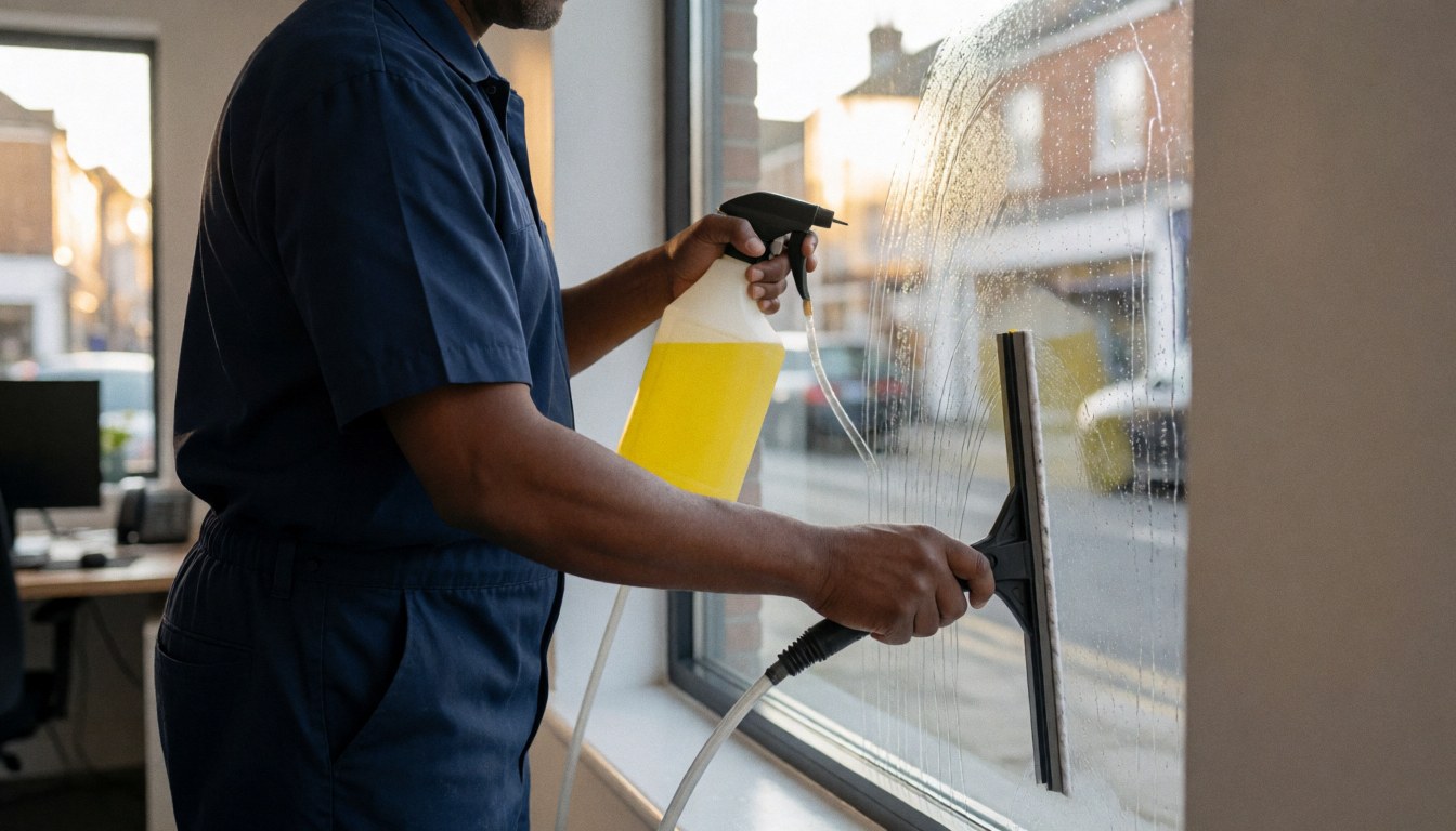 Nettoyeur professionnel en uniforme bleu applique un liquide jaune sur une vitre avec une raclette, sous la lumière du soleil avec des reflets de rue.