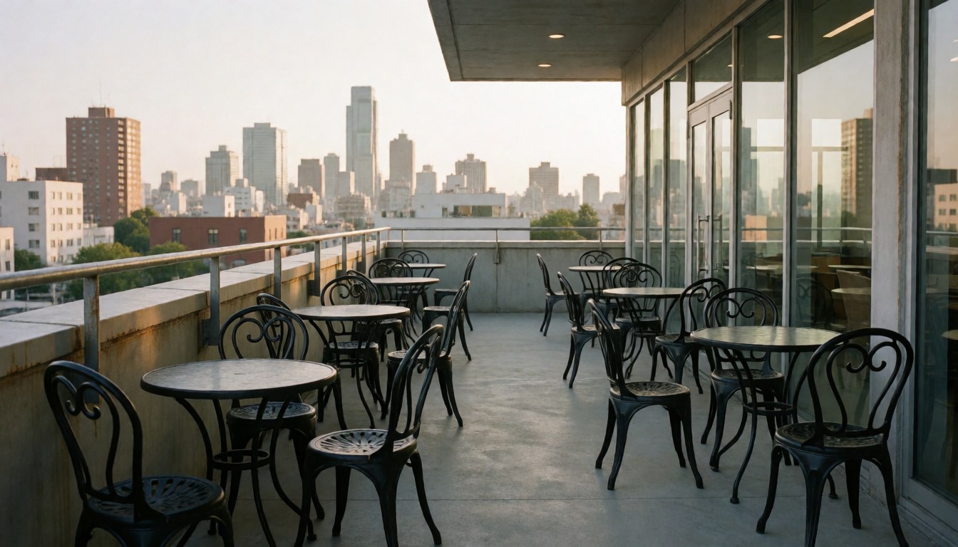 Terrasse de spectacles avec tables et chaises en fer forgé, vue sur la ville au coucher du soleil, idéale pour événements et réunions.
