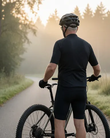 Un homme équipé d'un casque et d'un vélo de montagne se prépare à partir sur un sentier brumeux à l'aube, idéal pour un moniteur de cyclisme.