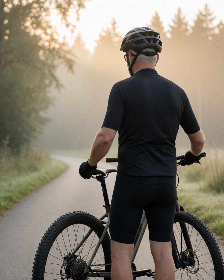 Un homme équipé d'un casque et d'un vélo de montagne se prépare à partir sur un sentier brumeux à l'aube, idéal pour un moniteur de cyclisme.